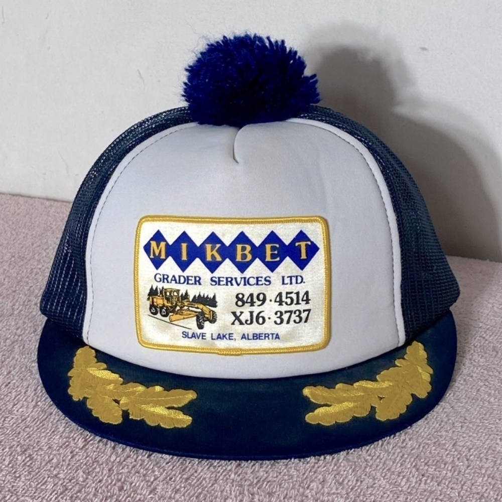 Vintage Mikbet Grader Services Navy Blue Mesh Back Trucker Hat W Pom Pom